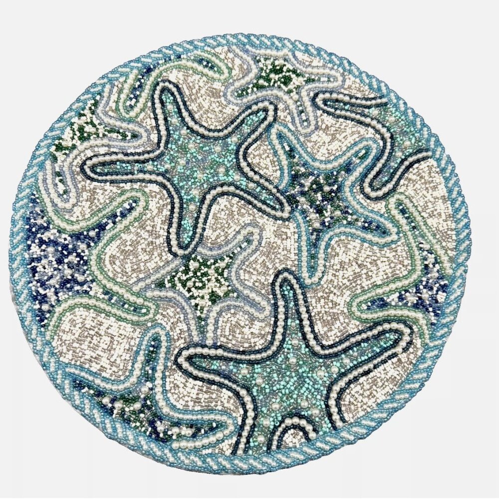 x2 Tahari Beaded Starfish Placemat Set Ocean Blue Turquoise Beach Coastal 15"
